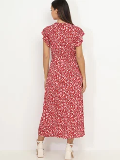 La Modeuse Robe longue fendue à fleurs et volants Rouge