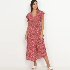 La Modeuse Robe longue fendue à fleurs et volants Rouge