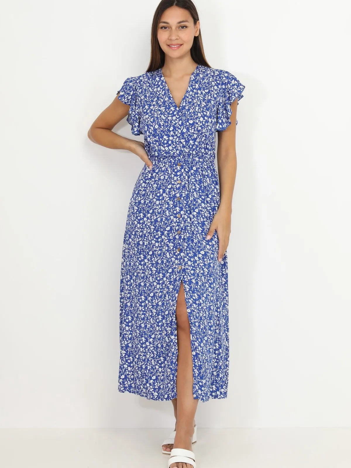 New La Modeuse Robe longue fendue à fleurs et volants Bleu