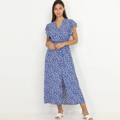 New La Modeuse Robe longue fendue à fleurs et volants Bleu