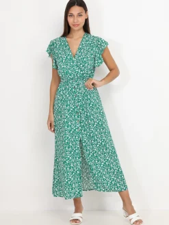 Outlet La Modeuse Robe longue fendue à fleurs et volants Vert