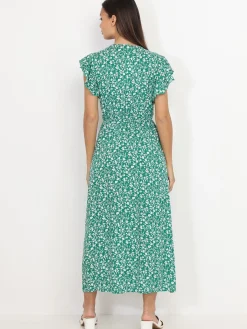 Outlet La Modeuse Robe longue fendue à fleurs et volants Vert