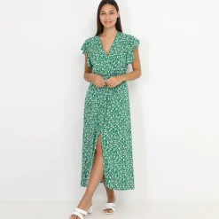 Outlet La Modeuse Robe longue fendue à fleurs et volants Vert