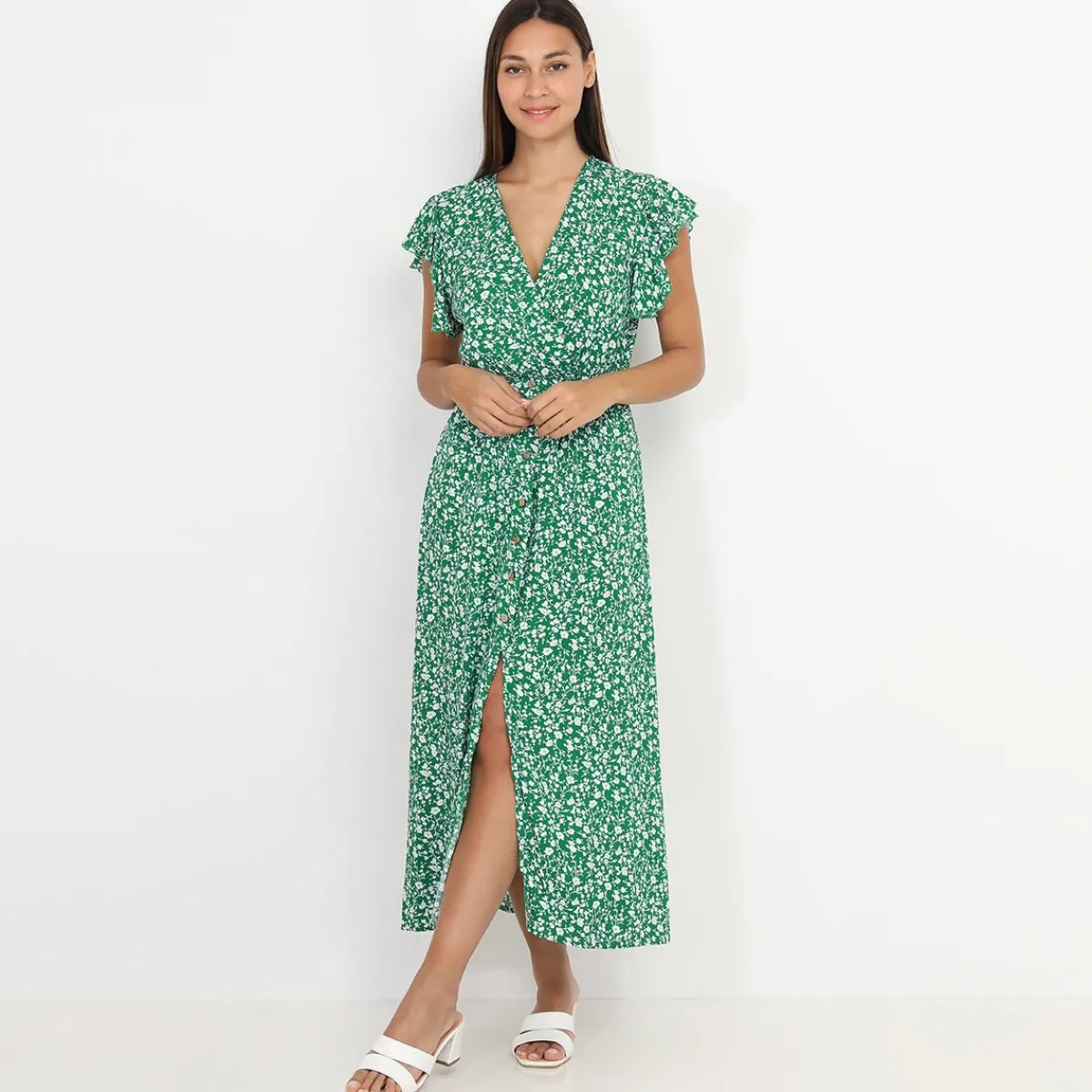 Outlet La Modeuse Robe longue fendue à fleurs et volants Vert