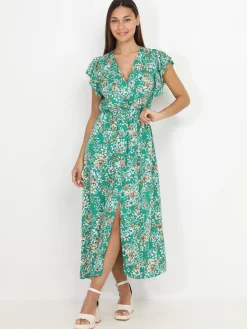 Clearance La Modeuse Robe longue fendue à imprimé floral Vert