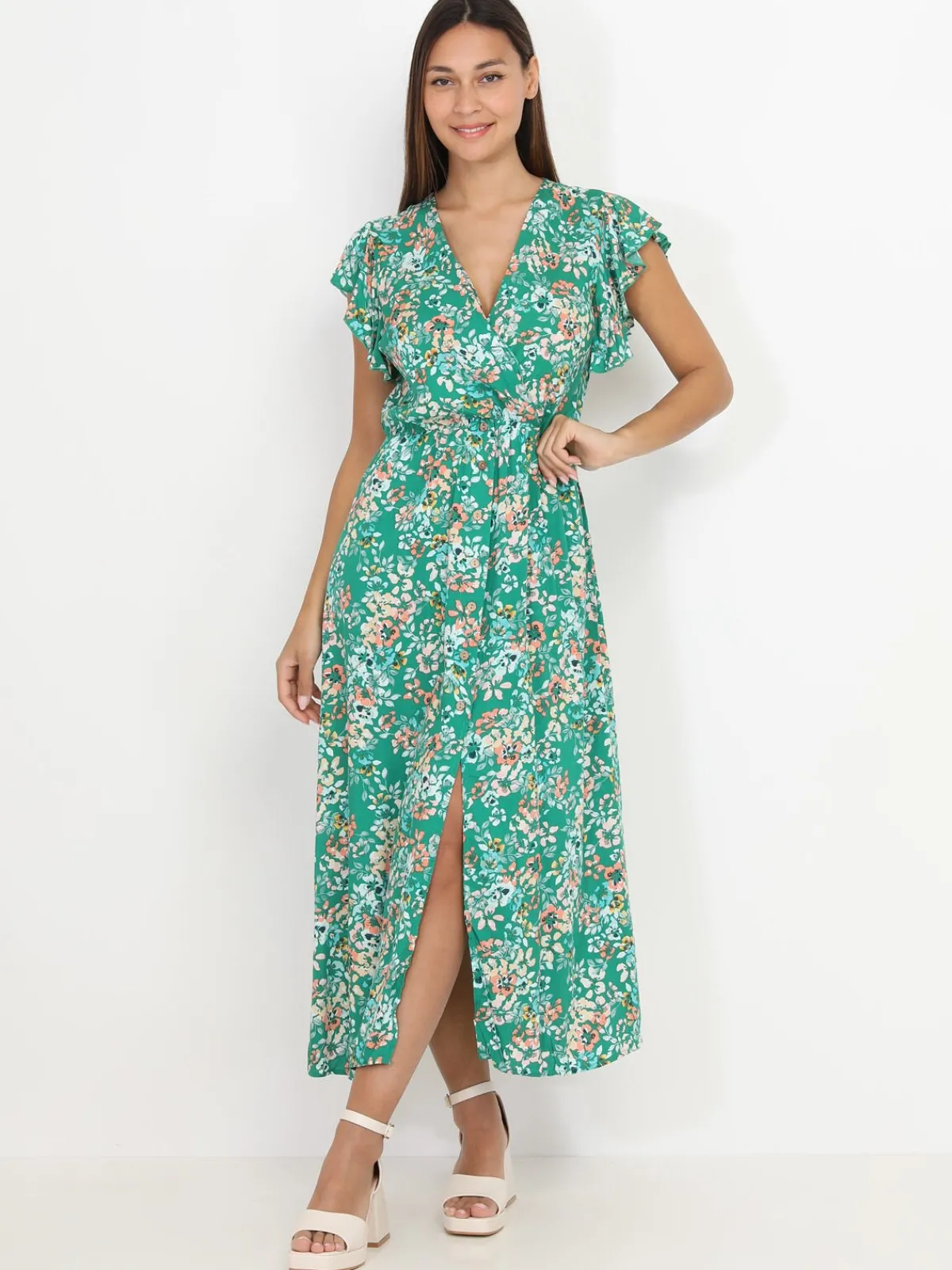 Clearance La Modeuse Robe longue fendue à imprimé floral Vert