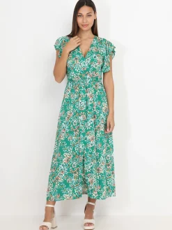 Clearance La Modeuse Robe longue fendue à imprimé floral Vert