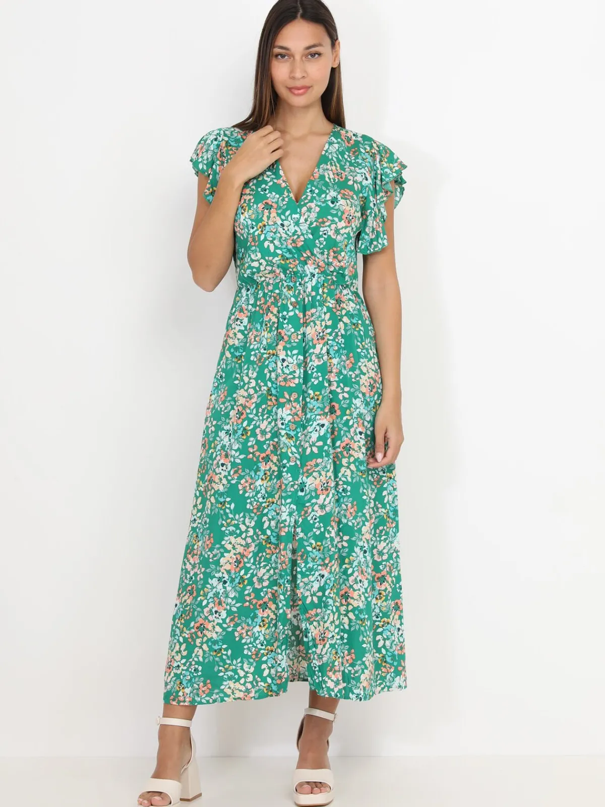 Clearance La Modeuse Robe longue fendue à imprimé floral Vert