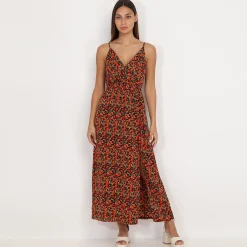 Best La Modeuse Robe longue fendue à motif fruits Noir