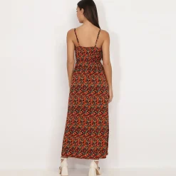 Best La Modeuse Robe longue fendue à motif fruits Noir
