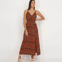 Best La Modeuse Robe longue fendue à motif fruits Noir