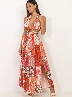 La Modeuse Robe longue fendue à motifs patchwork Orange