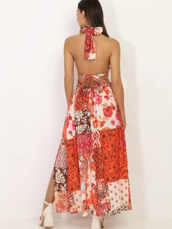 La Modeuse Robe longue fendue à motifs patchwork Orange