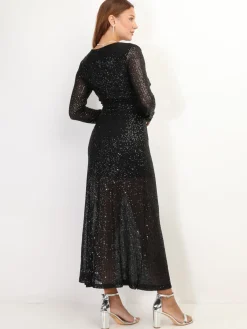 Sale La Modeuse Robe longue fendue à sequins Noir