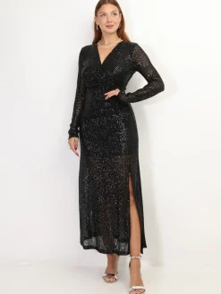 Sale La Modeuse Robe longue fendue à sequins Noir