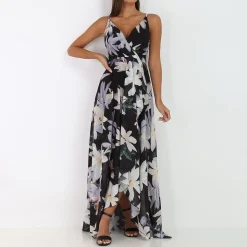 Best La Modeuse Robe longue fendue asymétrique à fleurs Noir