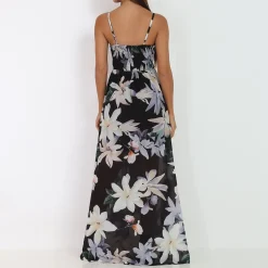 Best La Modeuse Robe longue fendue asymétrique à fleurs Noir