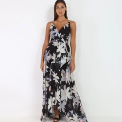 Best La Modeuse Robe longue fendue asymétrique à fleurs Noir