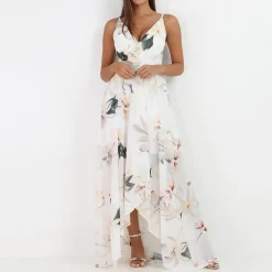 Best La Modeuse Robe longue fendue asymétrique à fleurs Blanc