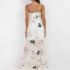 Best La Modeuse Robe longue fendue asymétrique à fleurs Blanc