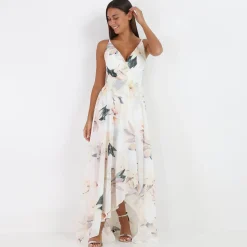 Best La Modeuse Robe longue fendue asymétrique à fleurs Blanc