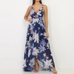 New La Modeuse Robe longue fendue asymétrique à fleurs BleuMarine