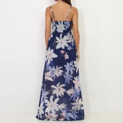 New La Modeuse Robe longue fendue asymétrique à fleurs BleuMarine