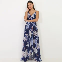 New La Modeuse Robe longue fendue asymétrique à fleurs BleuMarine