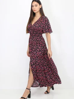 Best La Modeuse Robe longue fendue fleurie et smockée Noiretrose
