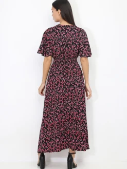 Best La Modeuse Robe longue fendue fleurie et smockée Noiretrose