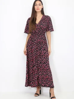 Best La Modeuse Robe longue fendue fleurie et smockée Noiretrose