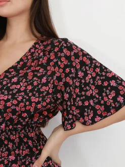 Best La Modeuse Robe longue fendue fleurie et smockée Noiretrose