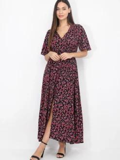 Best La Modeuse Robe longue fendue fleurie et smockée Noiretrose