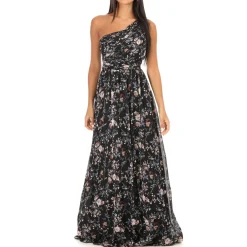 Outlet La Modeuse Robe longue fleurie à épaules asymétriques Noir