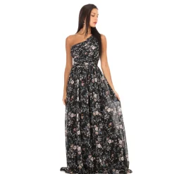 Outlet La Modeuse Robe longue fleurie à épaules asymétriques Noir