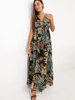 Clearance La Modeuse Robe longue fleurie décolletée Noir