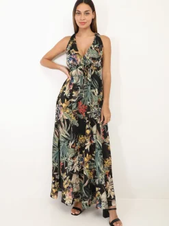 Clearance La Modeuse Robe longue fleurie décolletée Noir