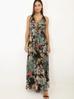 Clearance La Modeuse Robe longue fleurie décolletée Noir