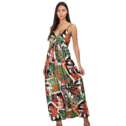 Online La Modeuse Robe longue imprimé feuilles tropicales Marron