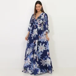Sale La Modeuse Robe longue plissée à fleurs BleuMarine