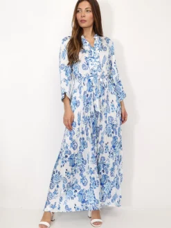 Discount La Modeuse Robe longue plissée à motifs Bleu
