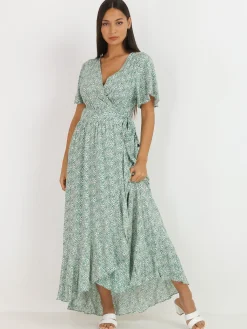 Clearance La Modeuse Robe longue portefeuille à fleurs Vert