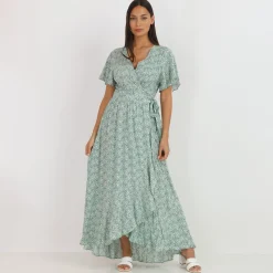 Clearance La Modeuse Robe longue portefeuille à fleurs Vert