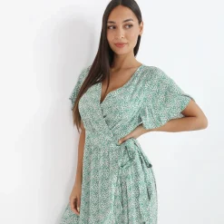 Clearance La Modeuse Robe longue portefeuille à fleurs Vert