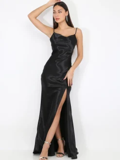 New La Modeuse Robe longue satinée à col bénitier Noir