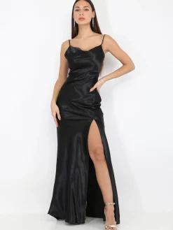 New La Modeuse Robe longue satinée à col bénitier Noir
