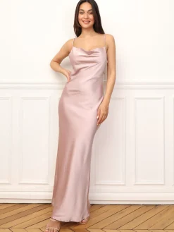 Outlet La Modeuse Robe longue satinée à col bénitier VieuxRose