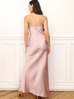 Outlet La Modeuse Robe longue satinée à col bénitier VieuxRose