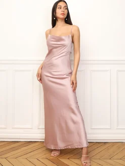 Outlet La Modeuse Robe longue satinée à col bénitier VieuxRose