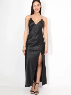 New La Modeuse Robe longue satinée à motif floral Noir